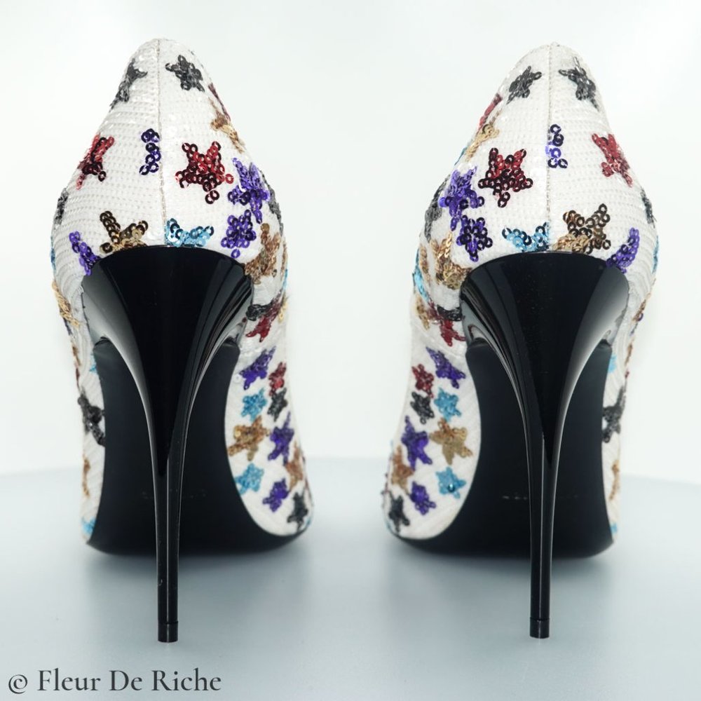Saint Laurent Palace 105 White Sequin High Heels - Picture 8 of 9
